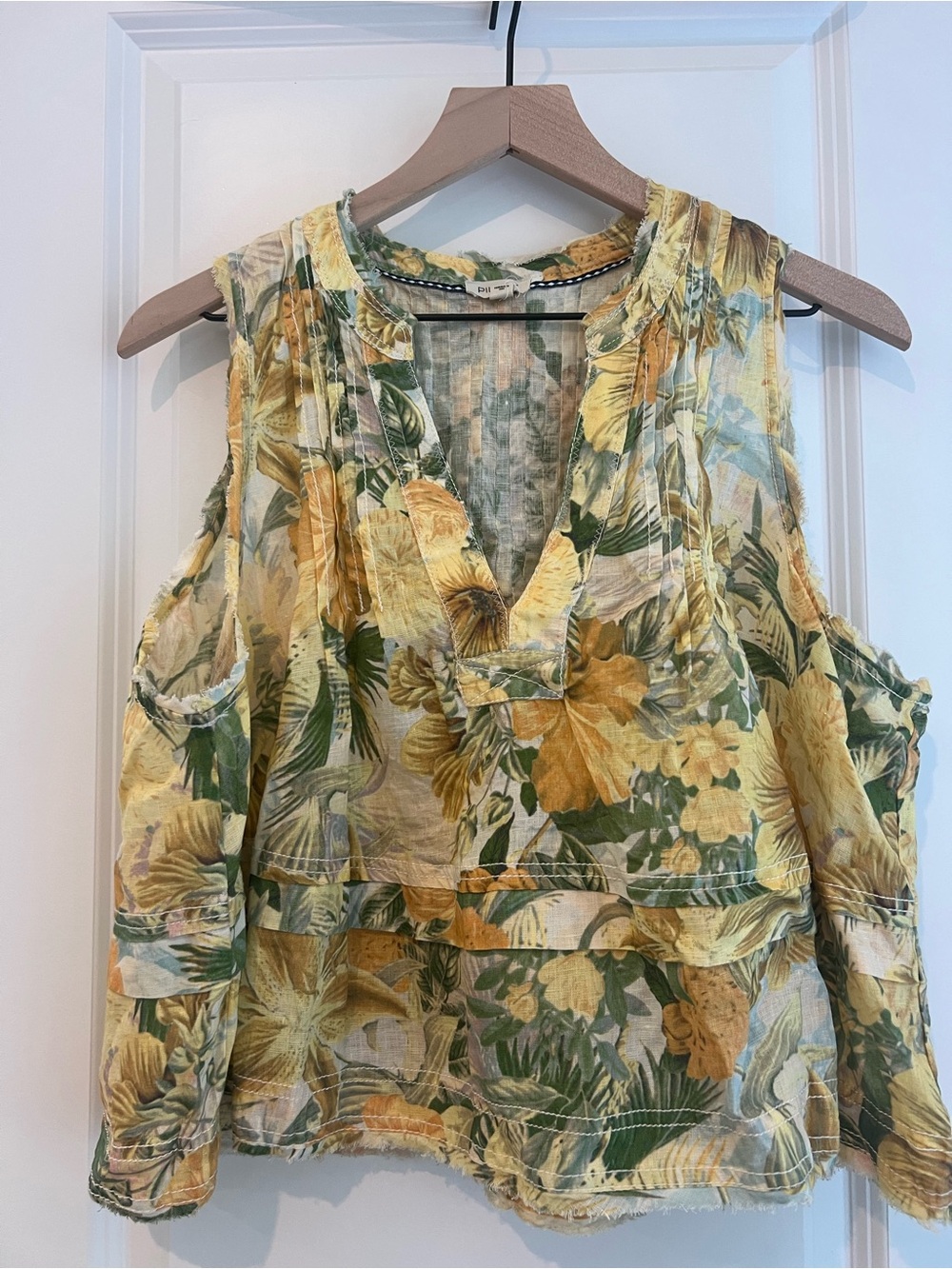 Pilcro Yellow Green Floral Sleeveless V-Neck Top